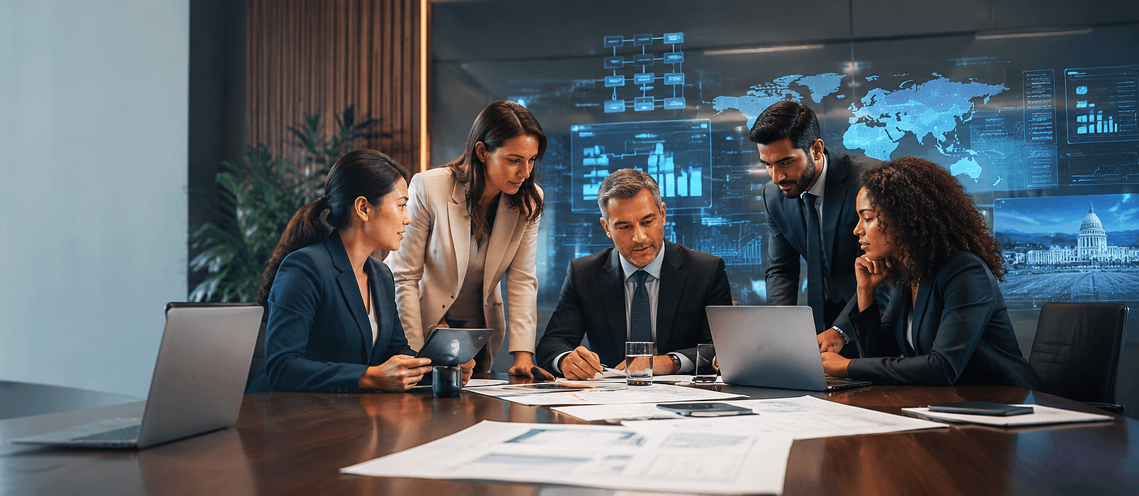 IT professionals collaborating around laptops in a modern workplace